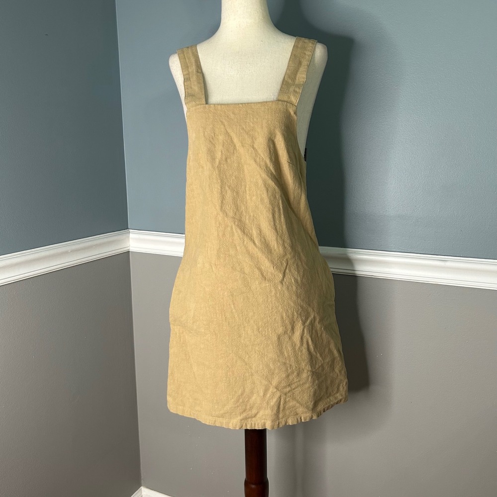 Rusty Tan Linen Blend‎ Pinafore Overall Mini Dress XS Square Neck Pockets retro